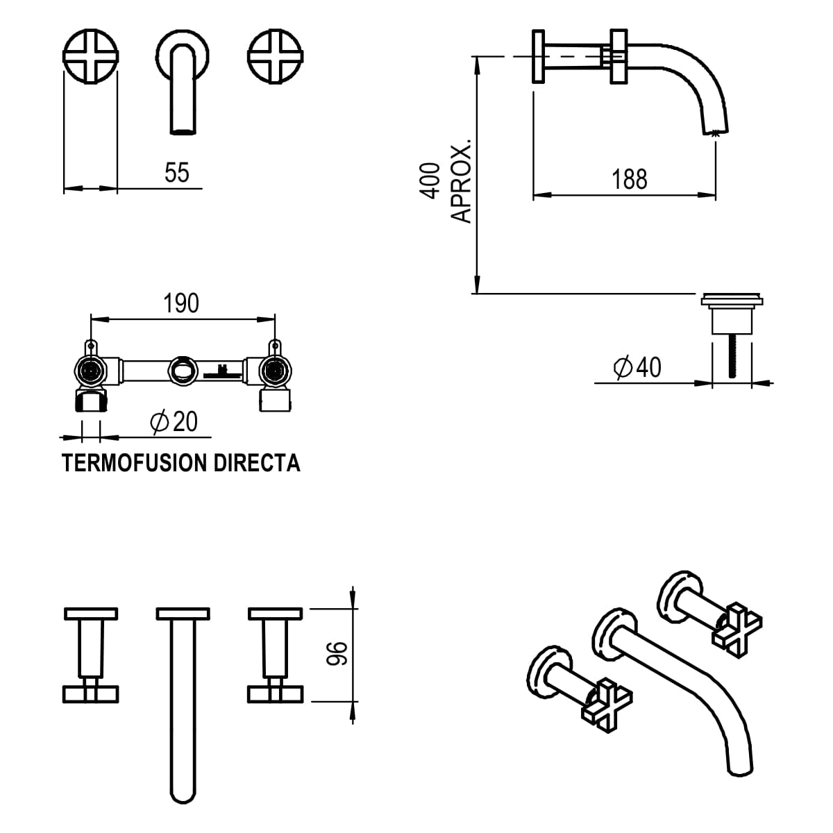 GRIFERIA BICOMANDO LAVATORIO PARED LOOK CRUZ BLACK HIDROMET – 10 AÑOS DE GARANTÍA [31180NEGR]