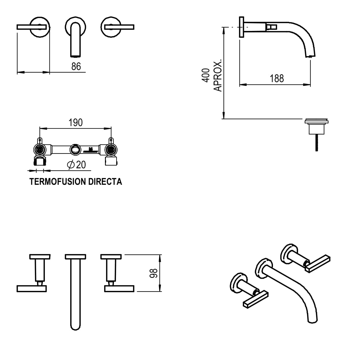 GRIFERIA BICOMANDO LAVATORIO PARED LOOK LEVER BLACK HIDROMET – 10 AÑOS DE GARANTÍA [31190NEGR]
