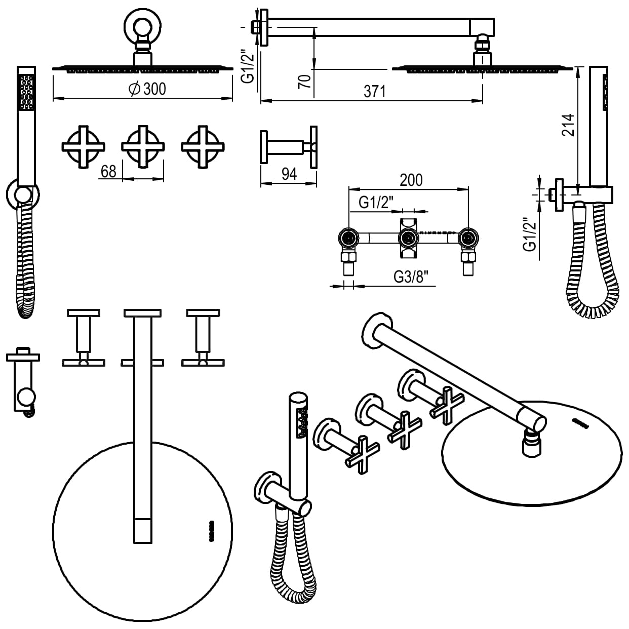 GRIFERIA BICOMANDO DUCHA CON TRANSFERENCIA 2 VIAS CON DUCHADOR FLAT CRUZ BLACK HIDROMET – 10 AÑOS DE GARANTÍA [84155NEGR]
