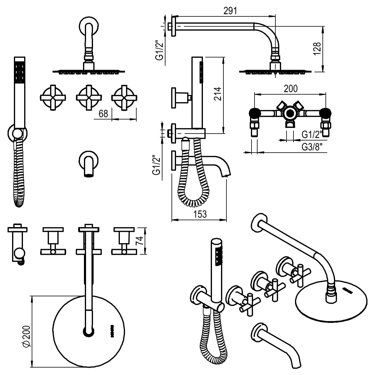 GRIFERIA BICOMANDO DUCHA 3 VIAS CON DUCHADOR SUN CRUZ BLACK HIDROMET – 10 AÑOS DE GARANTÍA [4505NEGR]
