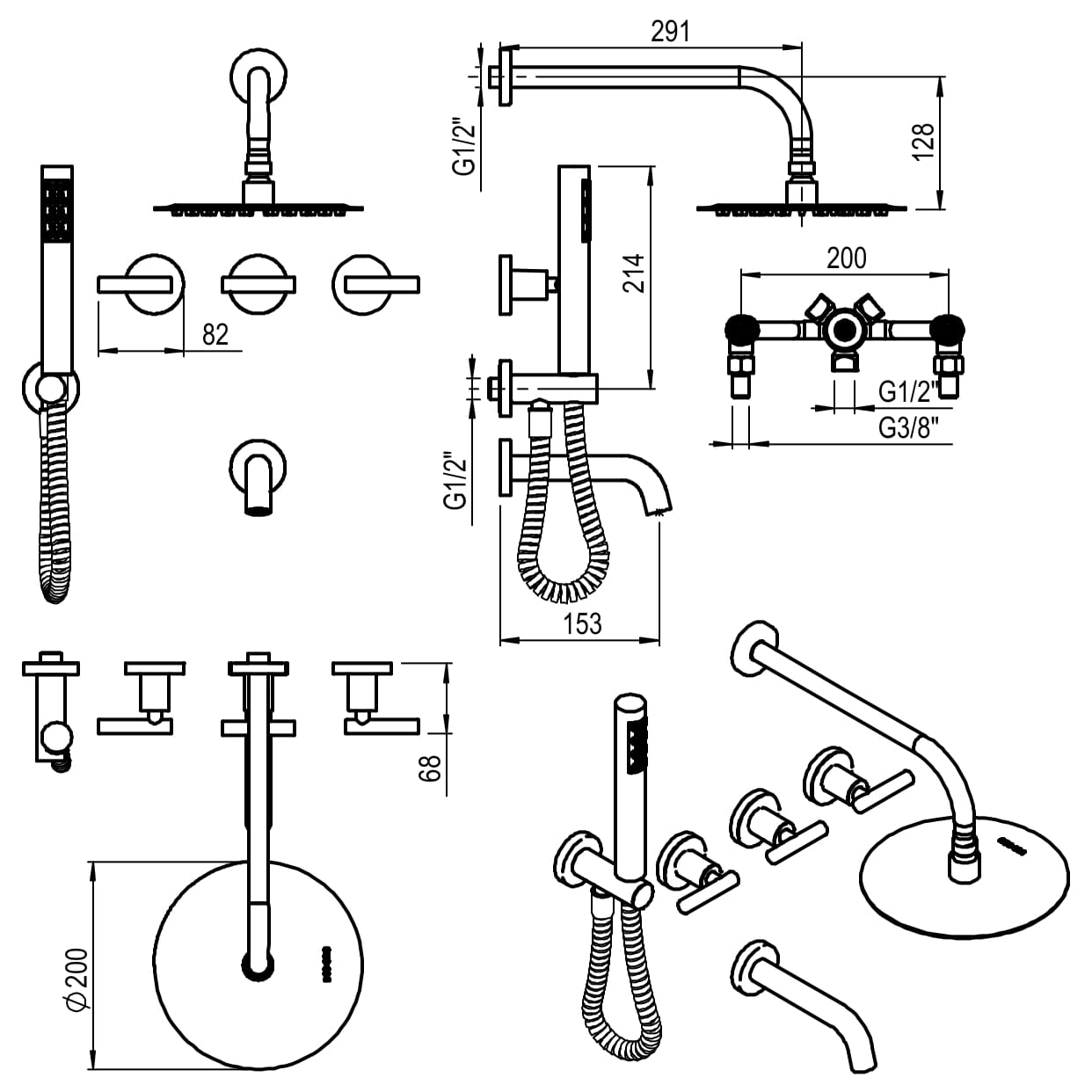 GRIFERIA BICOMANDO DUCHA 3 VIAS CON DUCHADOR SUN LEVER BLACK HIDROMET – 10 AÑOS DE GARANTÍA [04510NEGR]