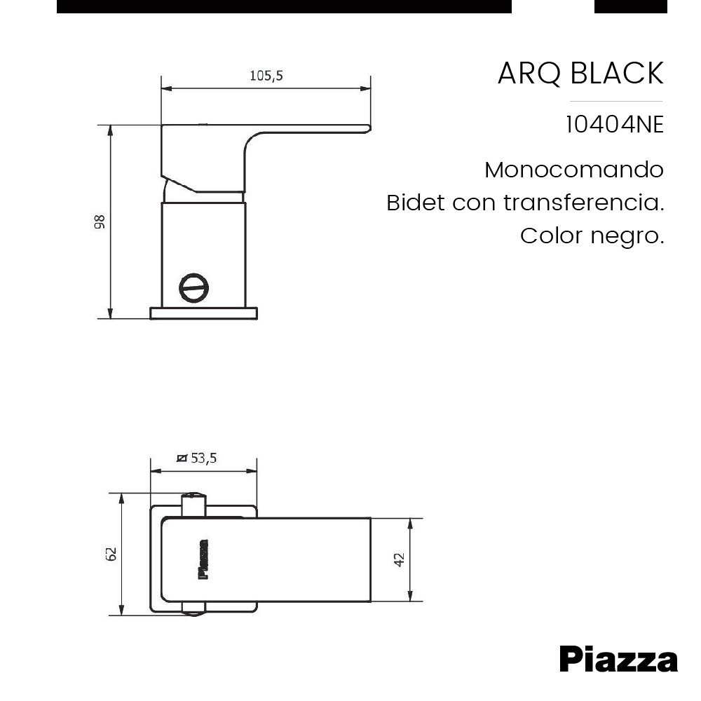 GRIFERÍA MONOCOMANDO ARQ BIDET CON TRANSFERENCIA NEGRA PIAZZA [10404NE]