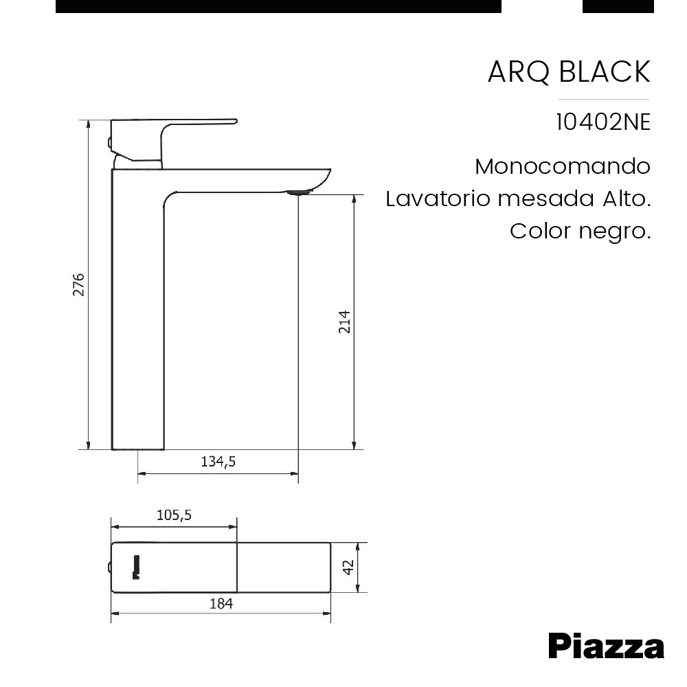 GRIFERÍA MONOCOMANDO ARQ LAVATORIO MESADA ALTO NEGRO PIAZZA [10402NE]
