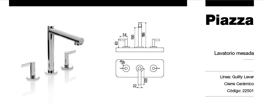 GRIFERÍA BICOMANDO CIERRE CERAMICO GUILTY LEVER LAVATORIO MESADA PICO DE CAÑO CROMO PIAZZA [22501]