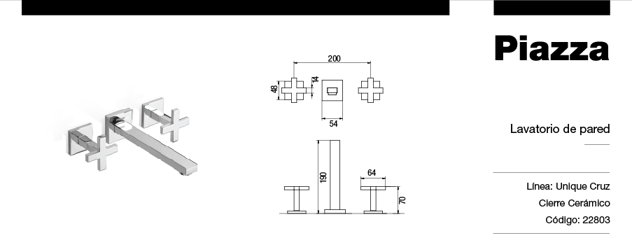 GRIFERÍA BICOMANDO CIERRE CERAMICO UNIQUE CRUZ LAVATORIO DE PARED CROMO PIAZZA [22803]