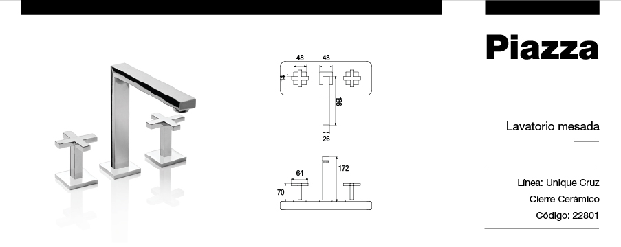 GRIFERÍA BICOMANDO CIERRE CERAMICO UNIQUE CRUZ LAVATORIO MESADA PICO DE CAÑO CROMO PIAZZA [22801]