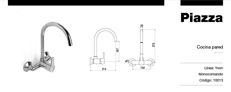 GRIFERÍA MONOCOMANDO EMBLEM COCINA PARED CROMO PIAZZA [10013]