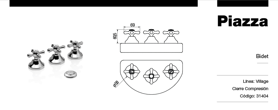 GRIFERÍA BICOMANDO CONVENCIONAL VILLAGE BIDET CON TRANSFERENCIA CROMO PIAZZA [31404]