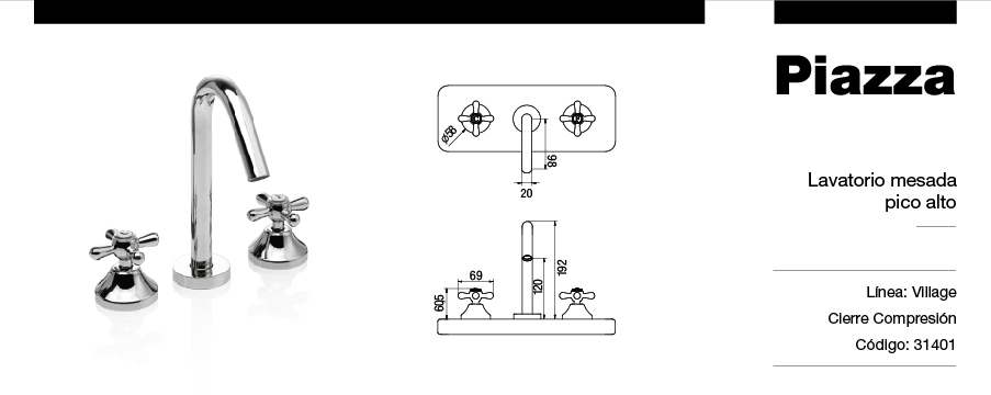GRIFERÍA BICOMANDO CONVENCIONAL VILLAGE LAVATORIO MESADA PICO DE CAÑO CROMO PIAZZA [31401]