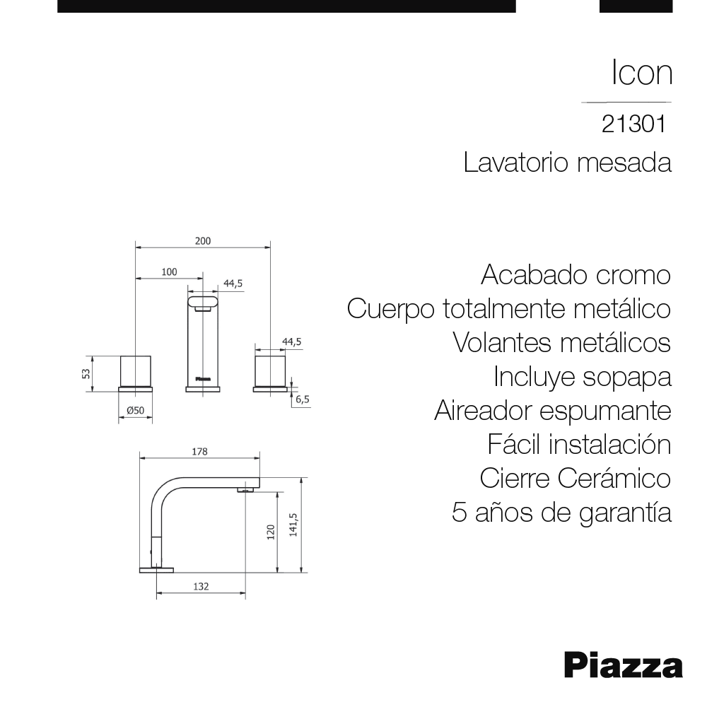 GRIFERÍA BICOMANDO CIERRE CERAMICO ICON LAVATORIO CROMO PIAZZA [21301]