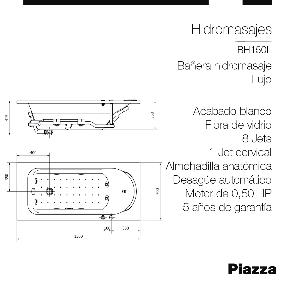 BAÑERA HIDROMASAJE DE LUJO 1500mm CON CAJON PIAZZA [BH150LC]