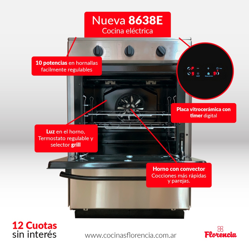 COCINA ELECTRICA 74LT 3 PUNTOS DE COCCION CON 3 FUNCIONES Y SUPERFICIE VITROCERAMICA - ACERO INOXIDABLE - FLORENCIA [FLOR8638E]