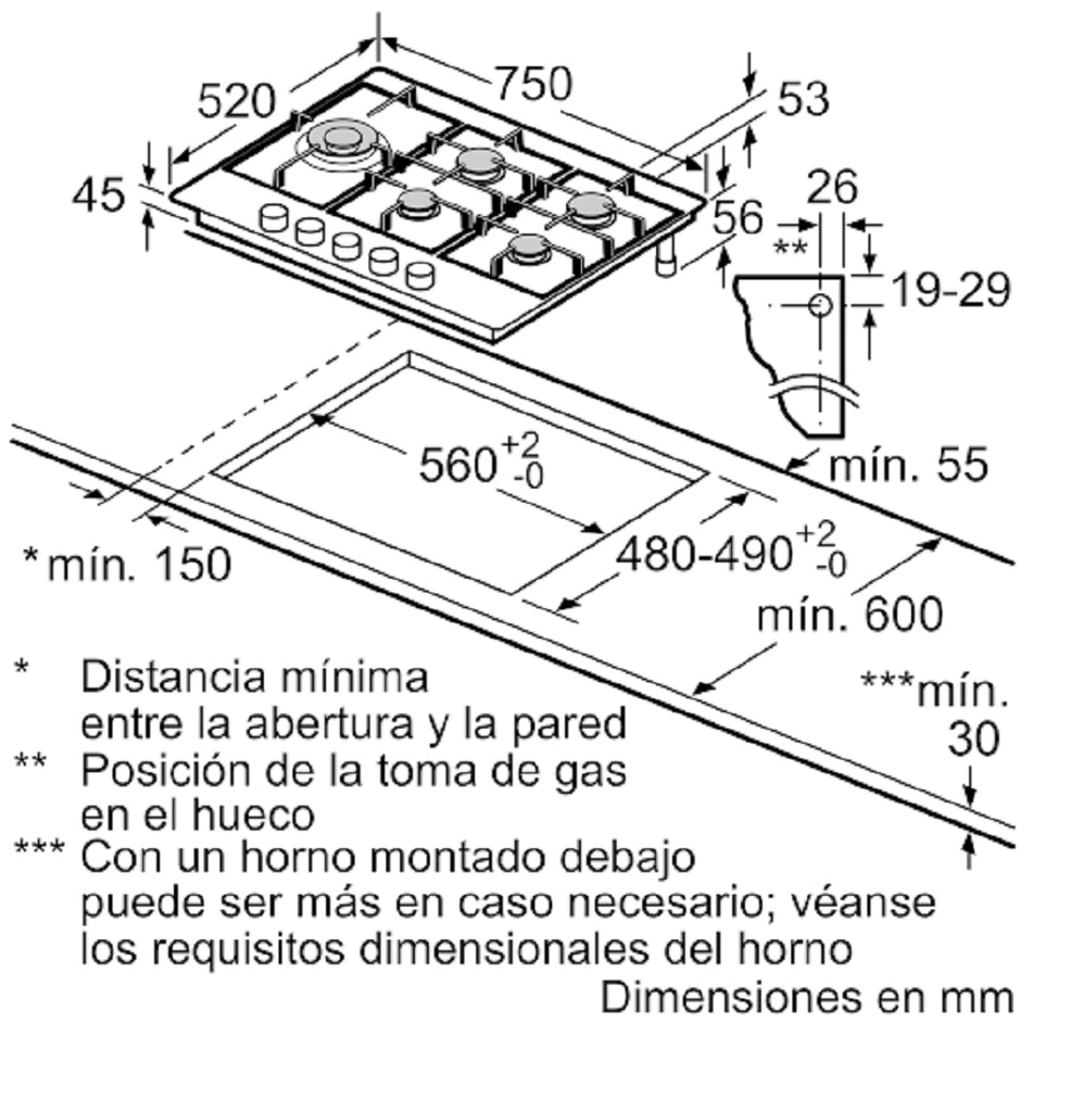 ANAFE A GAS 5 HORNALLAS 75CM INOXIDABLE - BOSCH [PCS7A5B90]