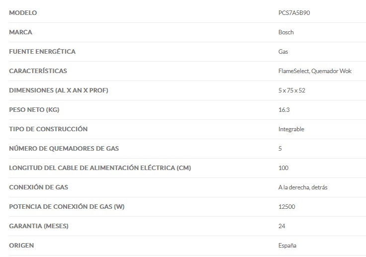 ANAFE A GAS 5 HORNALLAS 75CM INOXIDABLE - BOSCH [PCS7A5B90]