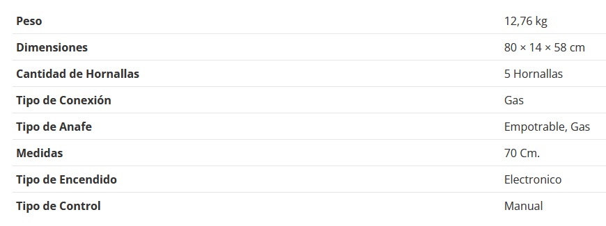 ANAFE A GAS 5 HORNALLAS 70CM FHM 705 - 1 TRIPLE CORONA - ACERO - SPAR [6600-079]