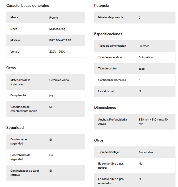 ANAFE ELECTRICO 4 HORNALLAS VITROCERAMICO 60CM FHC 604 - NEGRO - SPAR [9010-014]