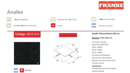 ANAFE ELECTRICO 4 HORNALLAS VITROCERAMICO 60CM FHC 604 - NEGRO - SPAR [9010-014]