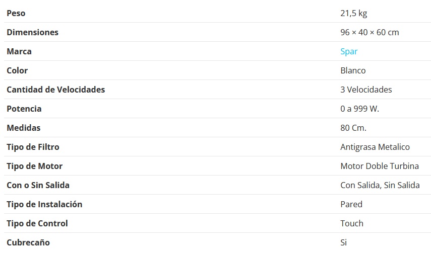 CAMPANA COCKTAIL 80CM TOUCH - 1 MOTOR - 3 VELOCIDADES + INTENSIVA - ABSORCION 660M3/H - BLANCO - SPAR [1125-831]