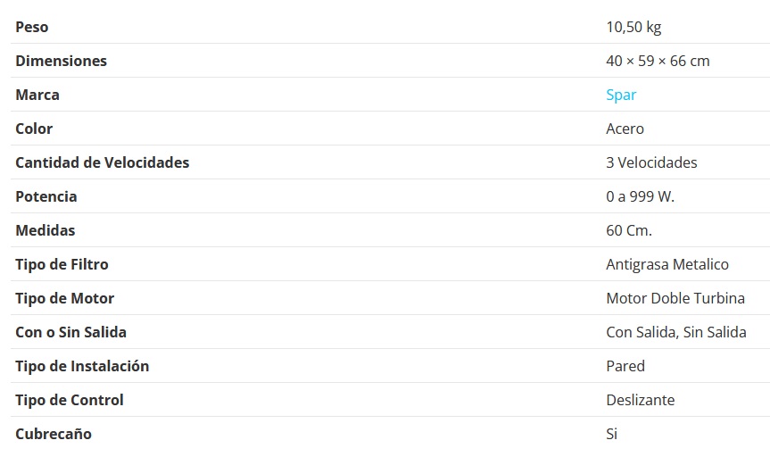 CAMPANA CONVEXA 60CM - 1 MOTRO - TURBINA DOBLE - 3 VELOCIDADES - ABSORCION 510M3/H - ACERO - SPAR [6342-428]