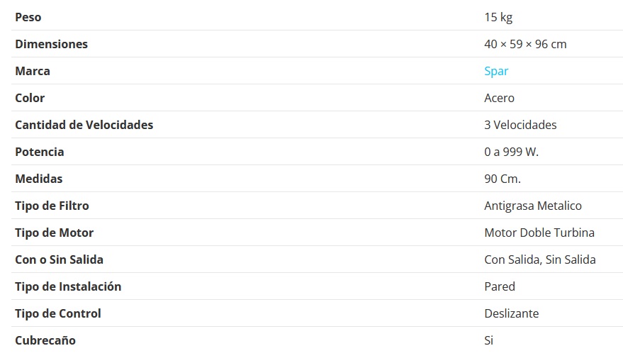 CAMPANA CONVEXA 90CM - 1 MOTRO - TURBINA DOBLE - 3 VELOCIDADES - ABSORCION 510M3/H - ACERO - SPAR [6342-429]