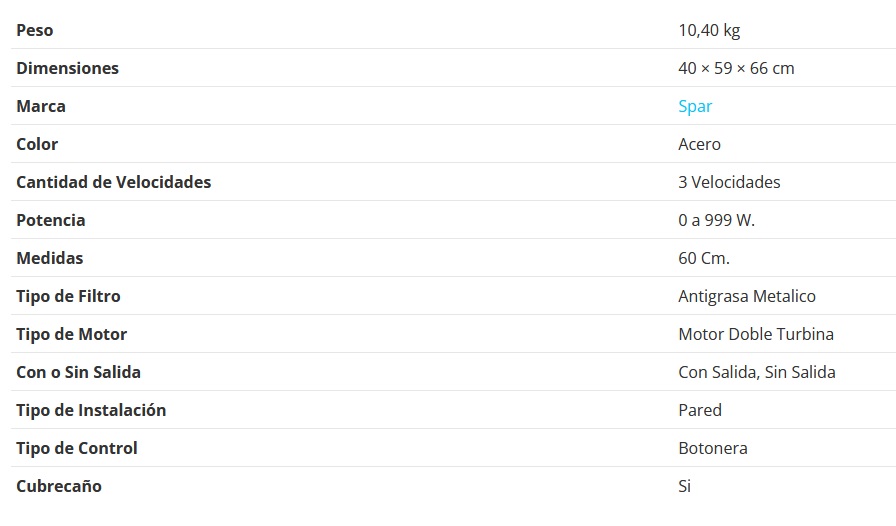 CAMPANA PRIMA 60CM - 1 MOTOR - TURBINA DOBLE - 3 VELOCIDADES - ABSORCION 510M3/H - BOTONERA PULSANTE - ACERO - SPAR [5941-400]