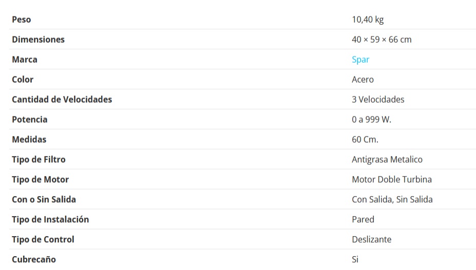 CAMPANA PRIMA 60CM - 1 MOTOR - TURBINA DOBLE - 3 VELOCIDADES - ABSORCION 510M3/H - CONTROLES DESLIZANTES - ACERO - SPAR [5941-402]