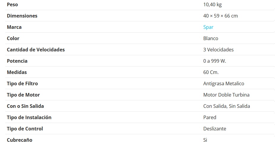 CAMPANA PRIMA 60CM - 1 MOTOR - TURBINA DOBLE - 3 VELOCIDADES - ABSORCION 510M3/H - CONTROLES DESLIZANTES - BLANCO - SPAR [5941-406]