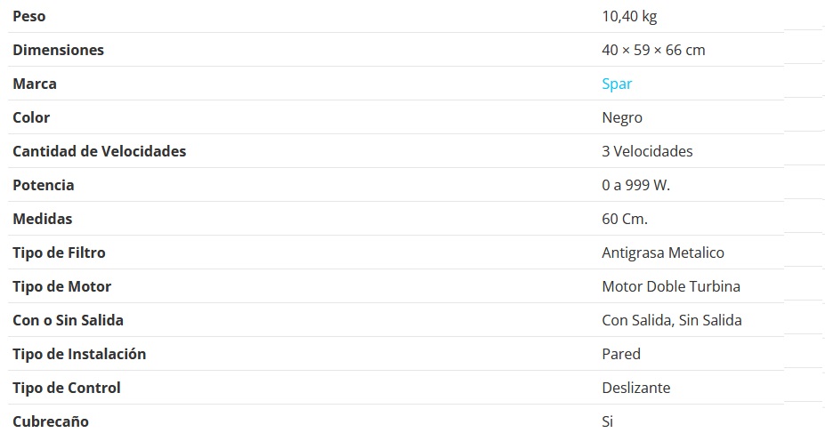 CAMPANA PRIMA 60CM - 1 MOTOR - TURBINA DOBLE - 3 VELOCIDADES - ABSORCION 510M3/H - CONTROLES DESLIZANTES - NEGRO - SPAR [5941-408]