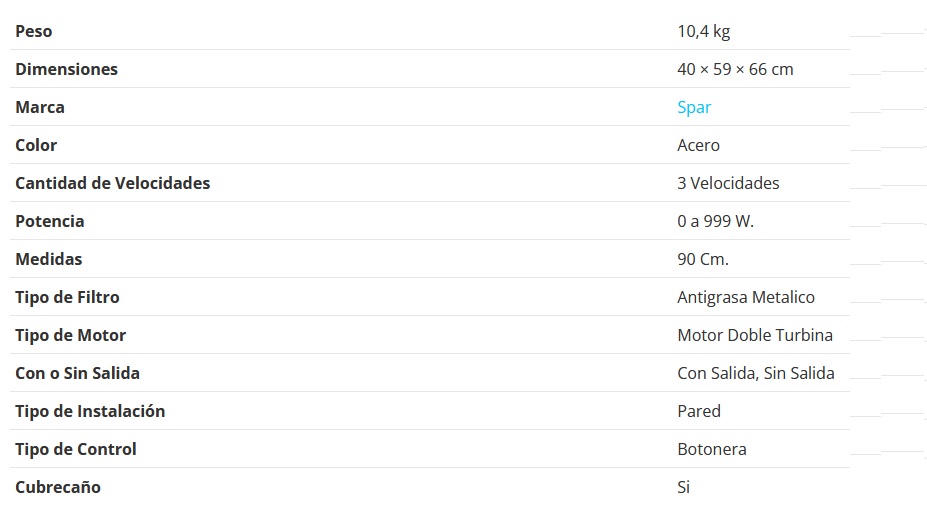 CAMPANA PRIMA 90CM - 1 MOTOR - TURBINA DOBLE - 3 VELOCIDADES - ABSORCION 510M3/H - BOTONERA PULSANTE - ACERO - SPAR [5941-401]