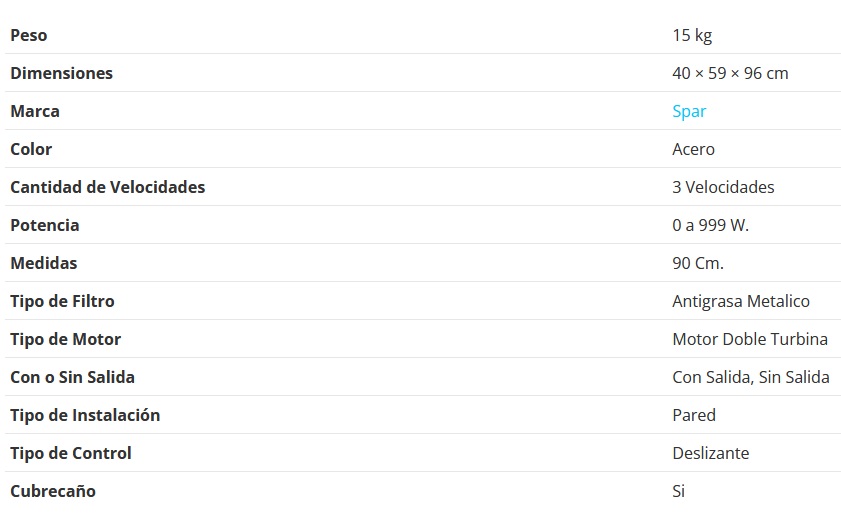 CAMPANA PRIMA 90CM - 1 MOTOR - TURBINA DOBLE - 3 VELOCIDADES - ABSORCION 510M3/H - CONTROLES DESLIZANTES - ACERO - SPAR [5941-403]