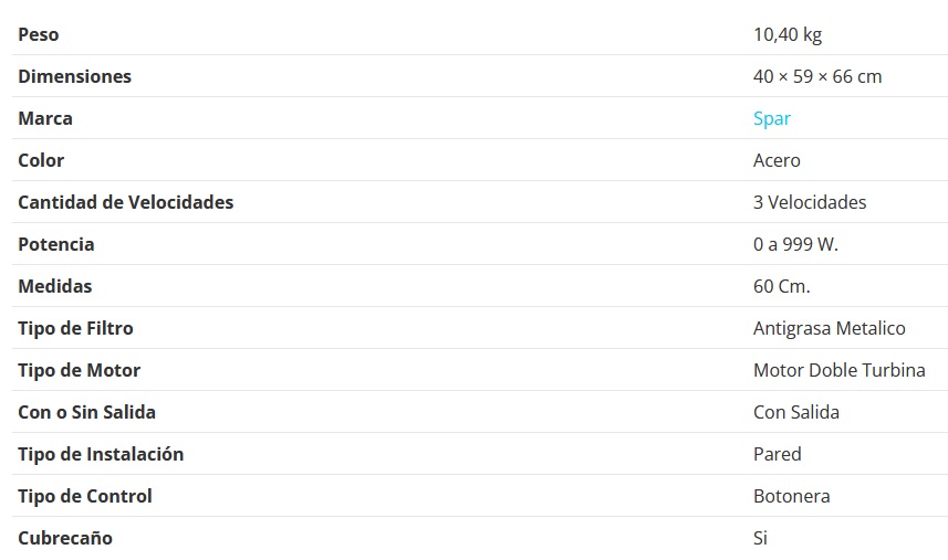 CAMPANA RECTA SOFT 60CM TOUCH - 1 MOTOR - TURBINA DOBLE - 9 VELOCIDADES - ABSORCION 700M3/H - SOLO SALIDA EXTERIOR - ACERO - SPAR [1760-000]