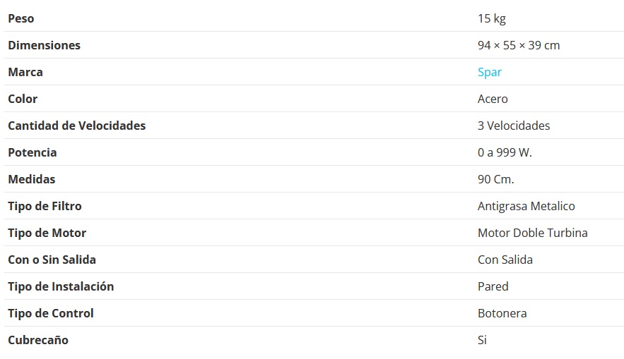 CAMPANA RECTA SOFT 90CM TOUCH - 1 MOTOR - TURBINA DOBLE - 9 VELOCIDADES - ABSORCION 700M3/H - SOLO SALIDA EXTERIOR - ACERO - SPAR [1790-000]