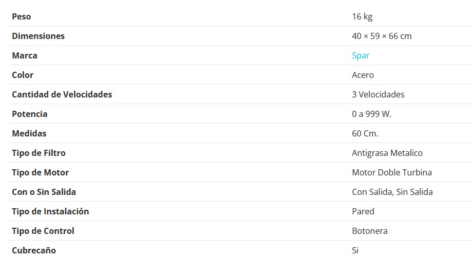 CAMPANA STILO 60CM - 1 MOTOR - TURBINA DOBLE - 3 VELOCIDADES - ABSORCION 510M3/H - ACERO - SPAR [6351-029]