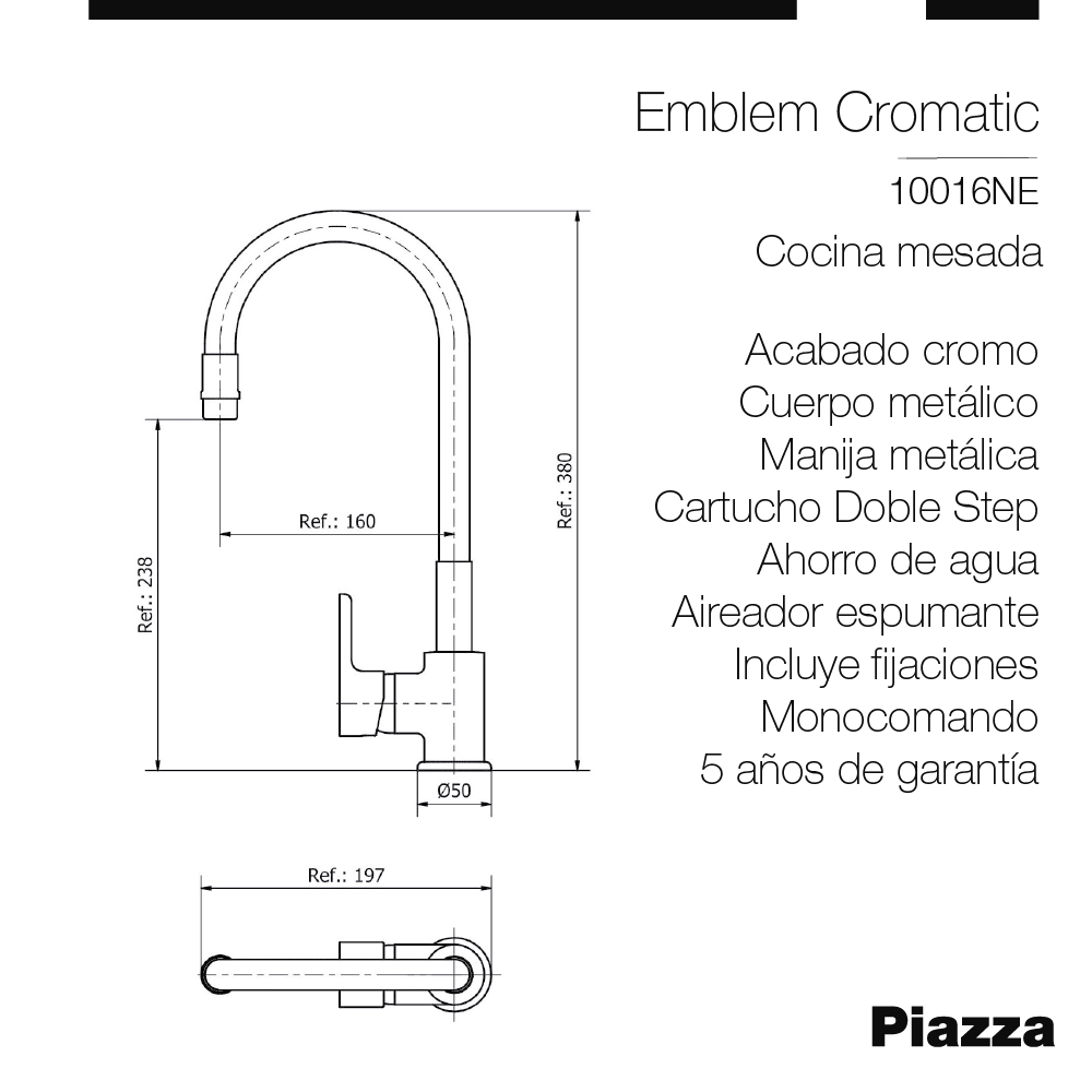 GRIFERIA COCINA MONOCOMANDO GOURMET PIAZZA EMBLEM - NEGRA - FLEXIBLE - 5 AÑOS DE GARANTIA