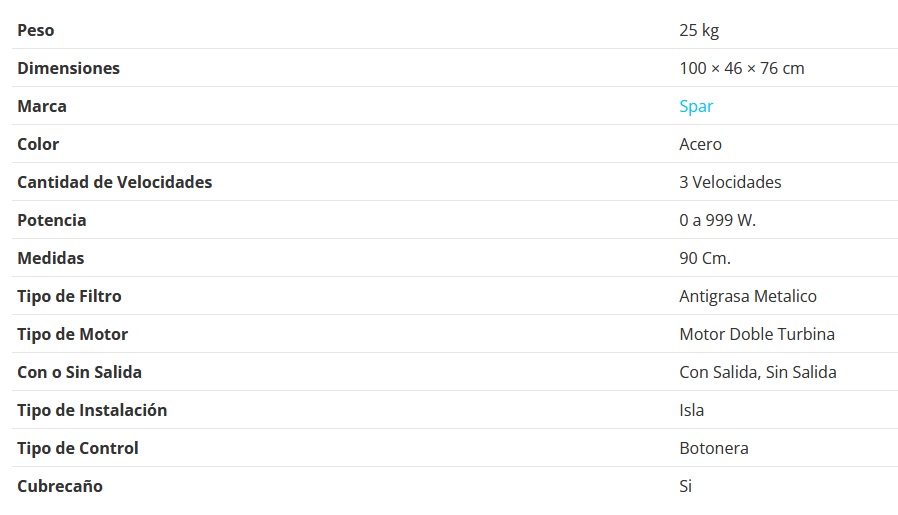 CAMPANA STILO ISLA 90CM - 1 MOTRO - TURBINA DOBLE - 3 VELOCIDADES - ABSORCION 650M3/H - ACERO - SPAR [6325-814]