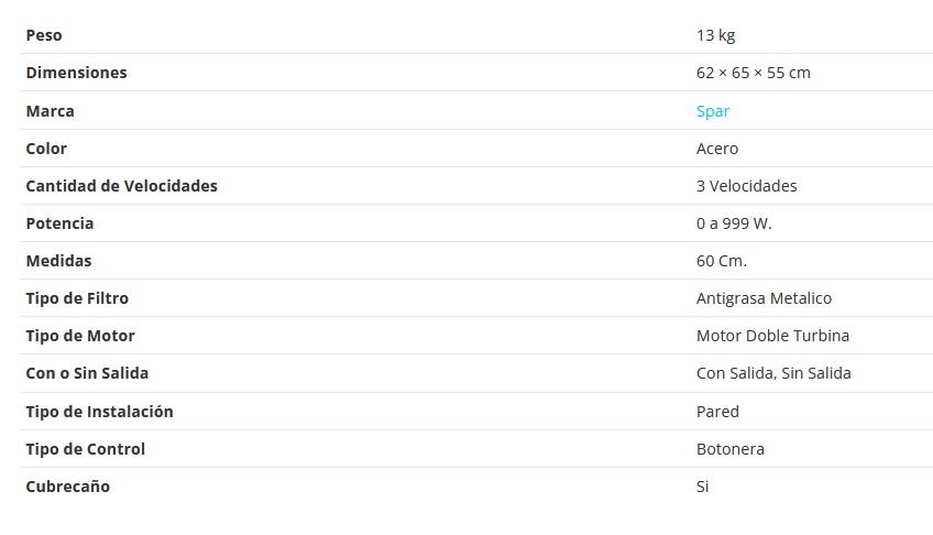 CAMPANA VETRO 60CM - 1 MOTRO - TURBINA DOBLE - 3 VELOCIDADES - ABSORCION 510M3/H - ACERO - SPAR [6351-025]