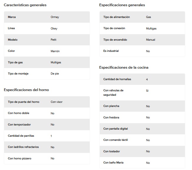 COCINA MULTIGAS 4 HORNALLAS CON REJILLAS ESMALTADAS - EFICIENCIA ENERGÉNITCA A+ - CRISTAL TEMPLADO - MARRON - ORMAY [PETIT MARRON]