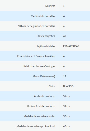 ANAFE MULTIGAS 4 HORNALLAS CON REJILLAS DE ALAMBRE  - EFICIENCIA ENERGÉNITCA A+  - BLANCO - ORMAY [CLASSIC S]