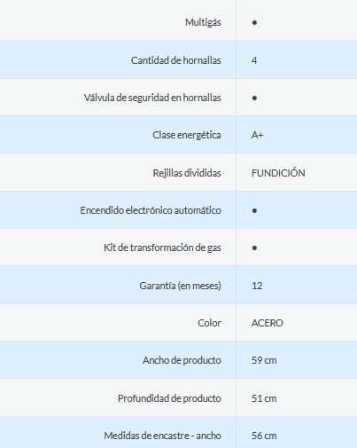 ANAFE MULTIGAS 4 HORNALLAS CON REJILLAS DE FUNDICIÓN  - EFICIENCIA ENERGÉNITCA A+ - ENCENDIDO AUTOMÁTICO - ACERO INOXIDABLE - ORMAY [TECNO IX]