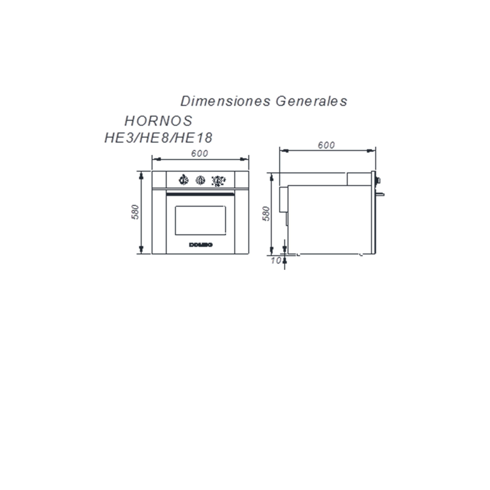 HORNO ELÉCTRICO 60LTS HEV16  - EMPOTRAR - CON LUZ, GRILL Y TERMOSTATO - 60CMX60CM - ESPEJADO - DOMEC [52951]