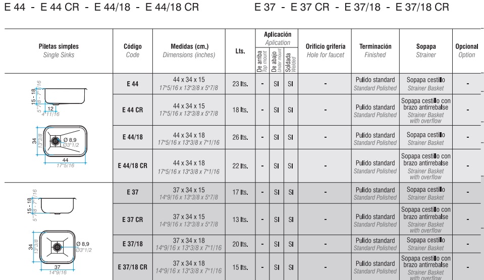 PILETA SIMPLE EE378 - SOPAPA 
AMERICANA - ACERO 430 -  JOHNSON [EE 37/18]