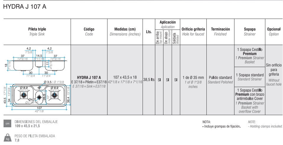 PILETA TRIPLE HYDRA J 107 A  - ACERO 304 - JOHNSON [HYDRA J 107 A]