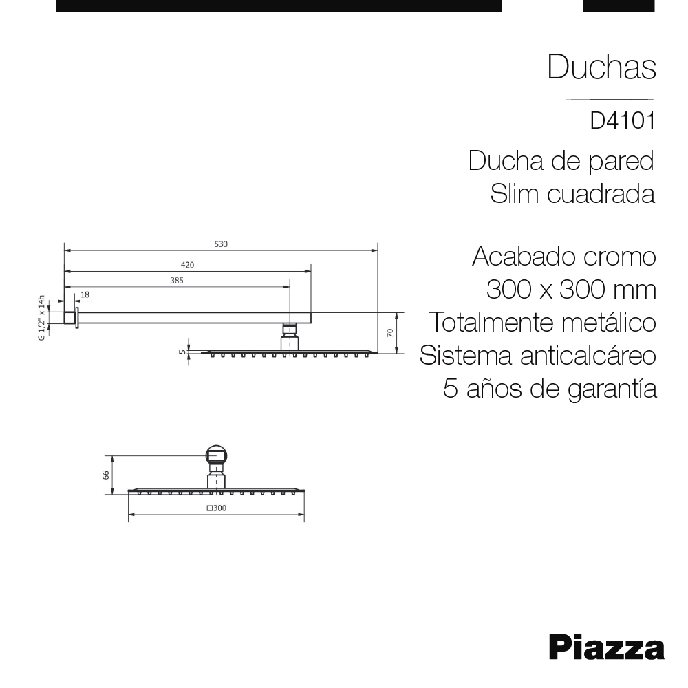 FLOR DE DUCHA RECTANGULAR 30 Cm PARED SLIM PIAZZA - ANTICALCAREA - 5 AÑOS DE GARANTIA