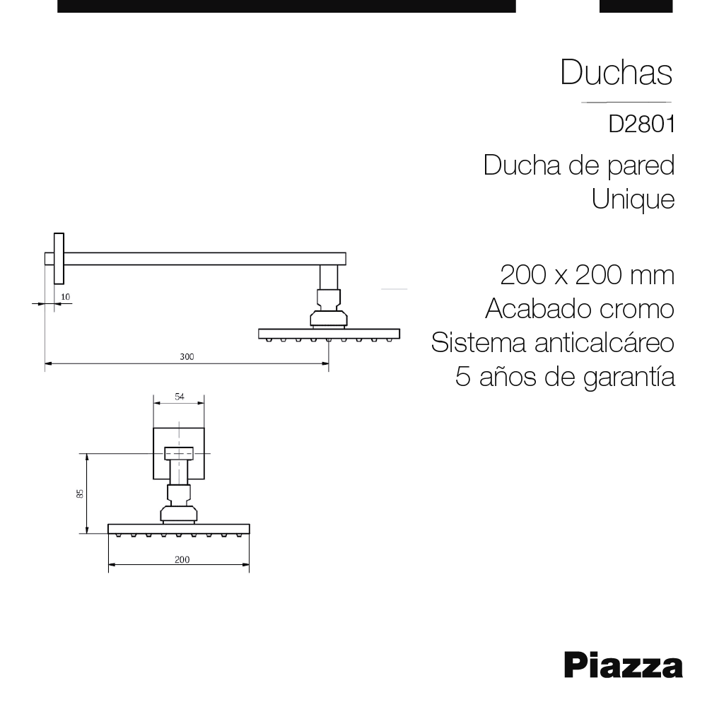 FLOR DUCHA PARED RECTANGULAR 20 CM PIAZZA UNIQUE - ANTICALCARIO - 5 AÑOS DE GARANTIA