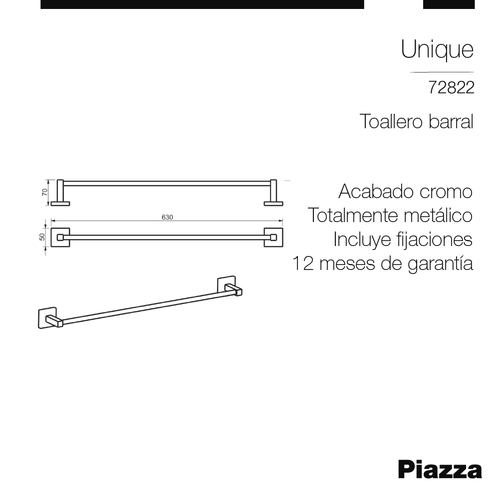TOALLERO BARRAL BAÑO PIAZZA UNIQUE - CROMADO - 1 AÑO DE GARANTIA [72822]