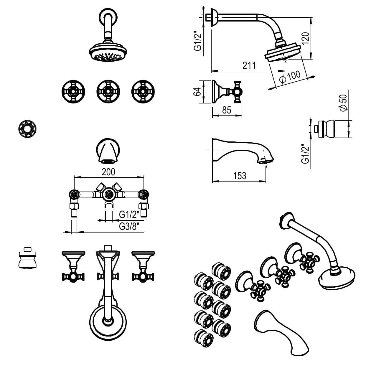 GRIFERIA BICOMANDO BAÑERA 3 VIAS CON DUCHADOR CON ESCOCESA BEVERLY CRUZ CROMO HIDROMET – 10 AÑOS DE GARANTÍA [00440CRCR]