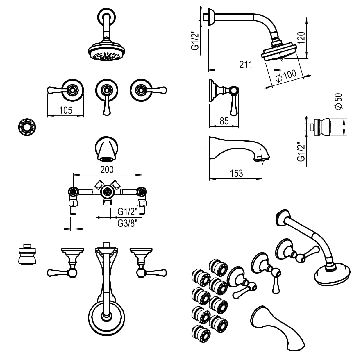 GRIFERIA BICOMANDO BAÑERA 3 VIAS CON DUCHADOR CON ESCOCESA BEVERLY LEVER CROMO HIDROMET – 10 AÑOS DE GARANTÍA [00445CRCR]
