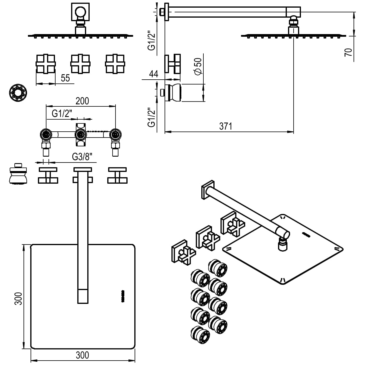 GRIFERIA BICOMANDO DUCHA 2 VIAS CON ESCOCESA BLOCK CRUZ BLACK HIDROMET – 10 AÑOS DE GARANTÍA [03457NEGR]