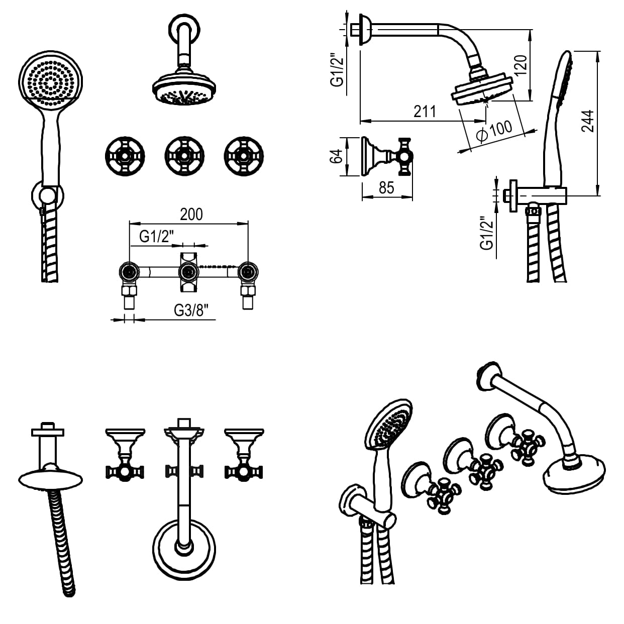GRIFERIA BICOMANDO DUCHA 2 VIAS CON TRANSFERENCIA CON DUCHADOR BEVERLY CRUZ CROMO HIDROMET – 10 AÑOS DE GARANTÍA [00463CRCR]