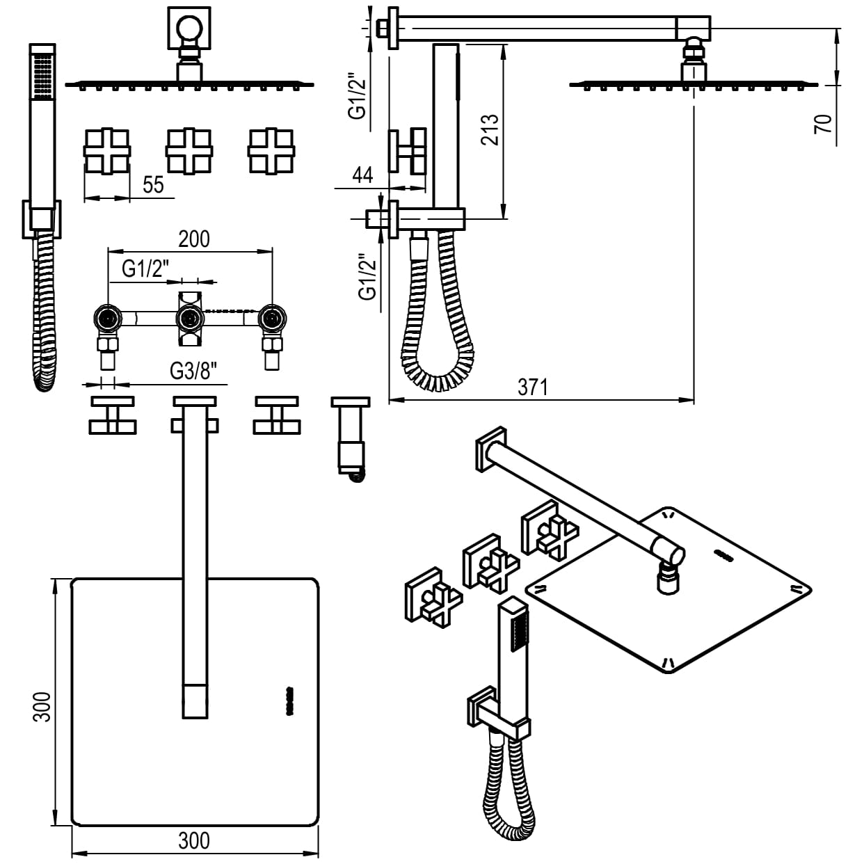 GRIFERIA BICOMANDO DUCHA 2 VIAS CON TRANSFERENCIA CON DUCHADOR BLOCK CRUZ BLACK HIDROMET – 10 AÑOS DE GARANTÍA [03463NEGR]